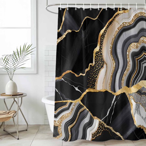 Black Marble Waterproof Fabric Shower Curtain,Grey Gold Texture Vintage Farmhouse Art Waterproof Fabric Shower Curtain for Bathroom Curtains Bathtubs Hotel Shower Curtains with 12 Hooks Long 72x78in