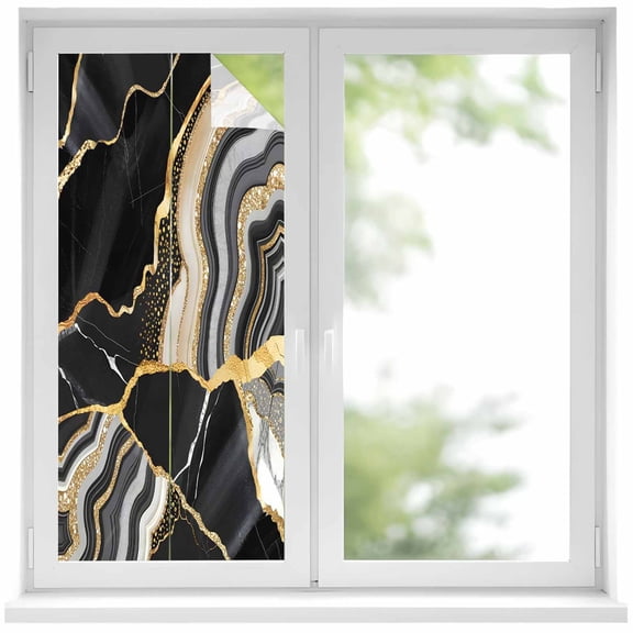 Black Marble Window Privacy Film, Grey Gold Texture Vintage Farmhouse Art Static Cling UV Sun Blocking Heat Control Window Tint Day and Night, Non-Adhesive One Way Windows Privacy Cover 19.6''x39.3''