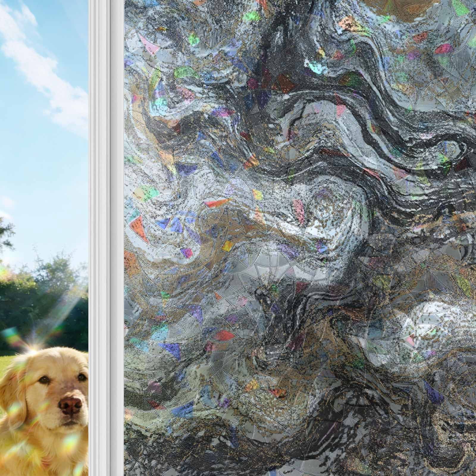 Black Marble Window Privacy Film Stain Glass,Reusable Decorative Rainbow Window Film,Retro Chic Abstract Mottled Texture Art Static Cling Sun Blocking Stickers Decals Covers 23.6" x 78.7" (2pcs)