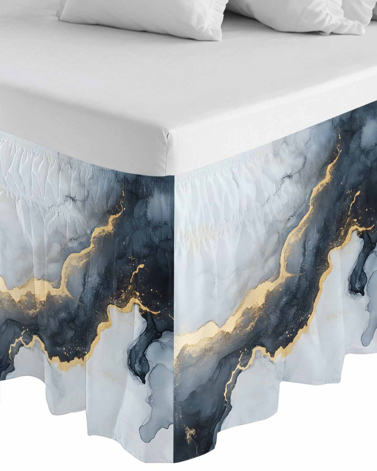 Black Marble Wrap Around Bed Skirts for Queen Bed 16" Drop, Bed Skirt with Adjustable Elastic Belt Dust Ruffle Bed Valance for Bedroom Hotel Luxury Modern Abstract Art Ink Painted Bed Frame Cover