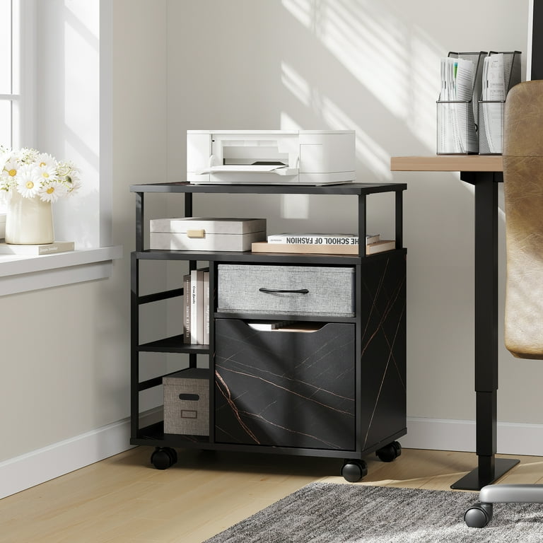 Black Marbled Mobile Office Storage Cabinet With Open Shelves And