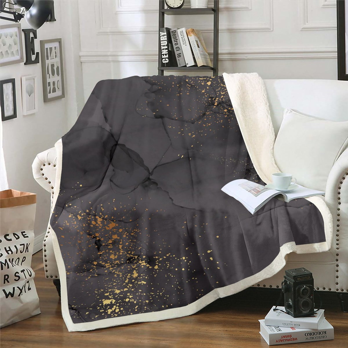 Black Marbling Blanket Gold Metallic Sequin Throw Blanket for Bed, Dark
