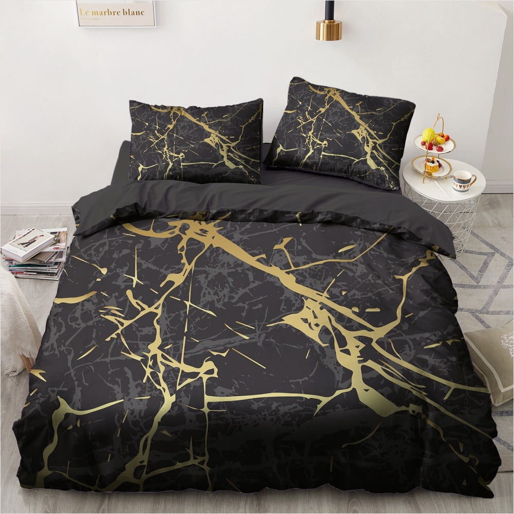 Black Marbling Geometric Pattern Duvet Cover Set Black Gold Bedding Sets 2/3Pcs Comforter Cover