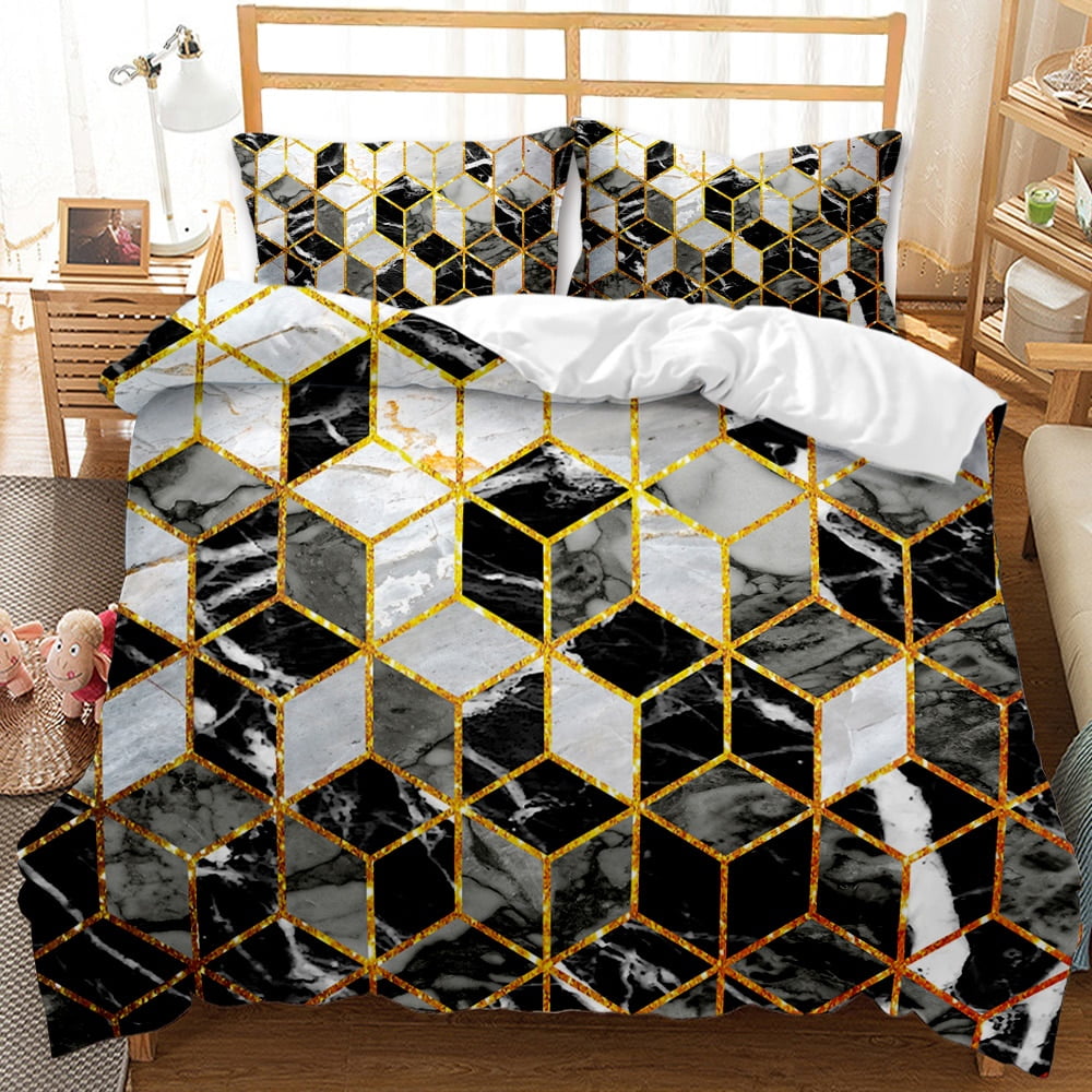 Black Marbling Geometric Pattern Duvet Cover Set Black Gold Bedding Sets 2/3Pcs Comforter Cover