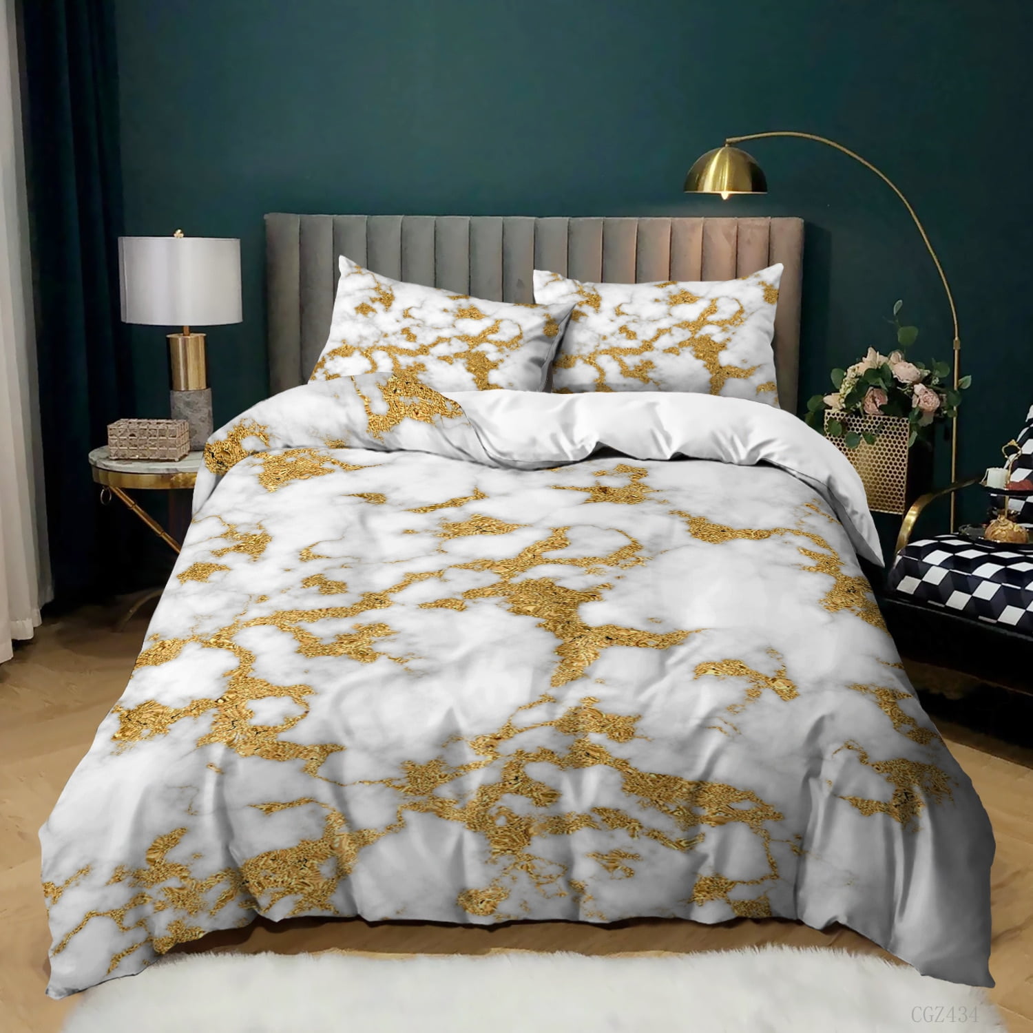 Black Marbling Geometric Pattern Duvet Cover Set Black Gold Bedding Sets 2/3Pcs Comforter Cover