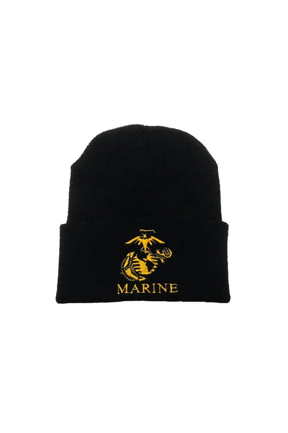 Black Marines Veteran Made in The USA Cuffed Beanie Hat Cap Toboggan Marine Corps WCAP005