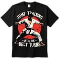 Black Martial T-Shirt with Karate Fighter Jump Kick Design Jump Until
