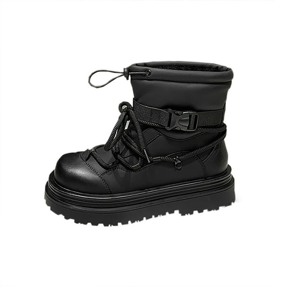 Black Martin Boots For Women With Thick Sole And Fleece Interior, Waterproof Design For Winter Protection