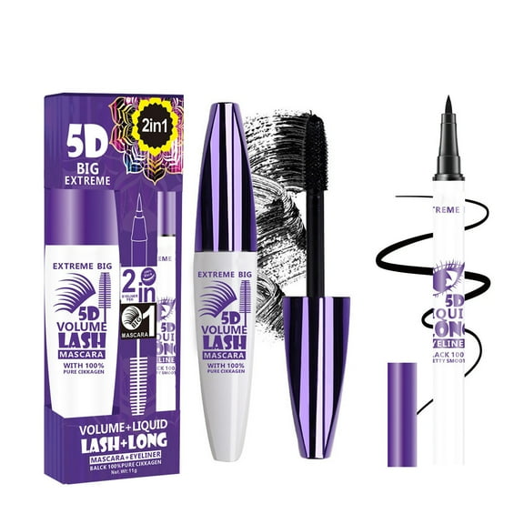 Black Mascara Liquid Eyeliner Set, Update Longlasting Waterproof Color Eye Liner Pen, 5D Silk Fiber Black Mascara Volume and Length, Halloween Party Stage Use Eye Makeup Gift Kit for Women Girl