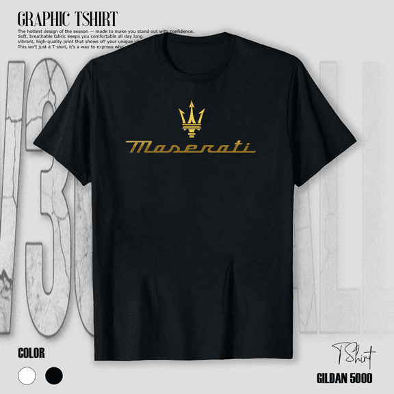 Black Maserati Luxury Car Style Golden Trim Auto Enthusiast Unisex T-Shirt V71063, up to size 5XL
