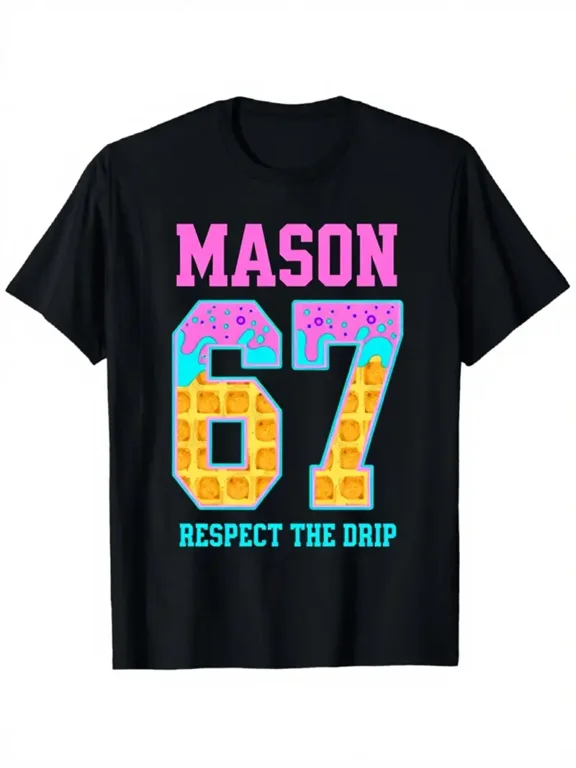 Black Mason 67 Respect The Drip Graphic T Shirt Mens Short Sleeve Crewneck Casual Streetwear Tee Top Elegant Crew Neck Shirt, Regular Fit, Crew Neck, S-XXXL, Lightweight Shirt