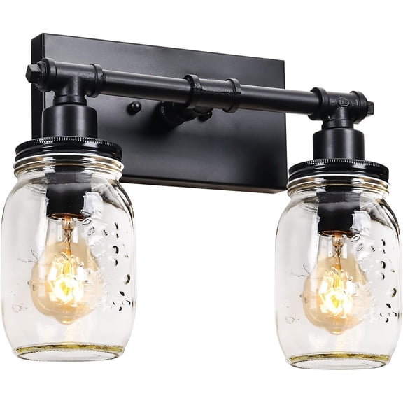 Black Mason Jar Vanity Light Industrial Pipe Wall Sconce with Clear Glass Shades for Bathroom Mirror Bedroom Hallway E26 Base