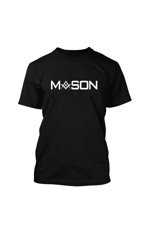Black Masonic T-Shirt for Freemasons Bold White Mason Text w/ Compass and Square