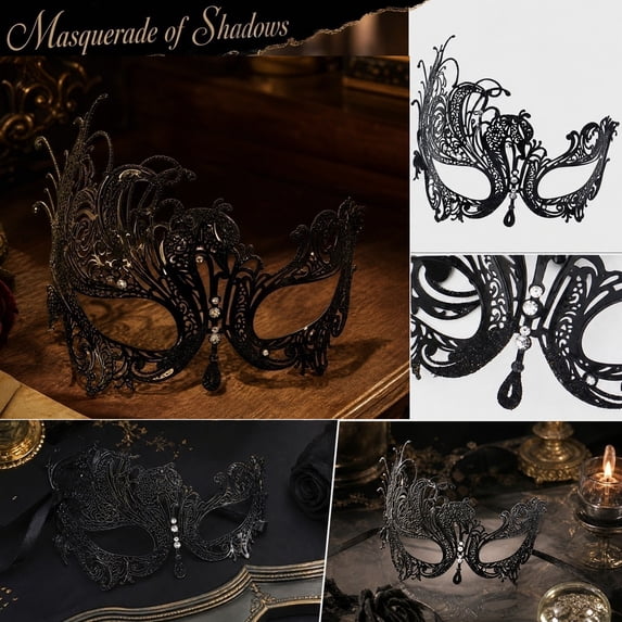 Black Masquerade Mask, 6X6 Inch Filigree Metal Venetian Masquerade Mask for Women and Men, Elegant Mask for Masquerade Party Halloween Party Mardi Gras Events