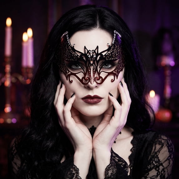 Black Masquerade Mask for Women, 7 Inch Rhinestone Bat Hollow Metal Halloween Mask Scary Half Face Mask for Masquerade Party Spooky Gothic Themed Event, 1 Pack