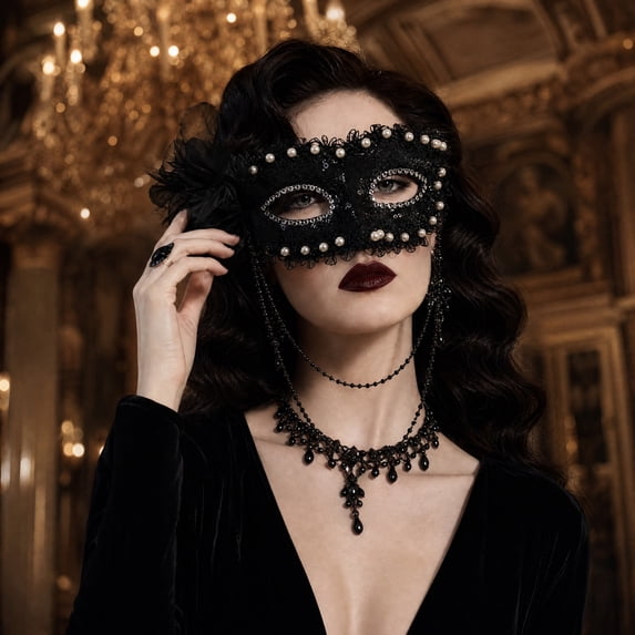 Black Masquerade Mask for Women 9 Inch Lace Masquerade Mask Pearl Embellished Mask with Tulle Flower and Beaded Face Chain for Masquerade Party Halloween Formal Event, 1 Pack