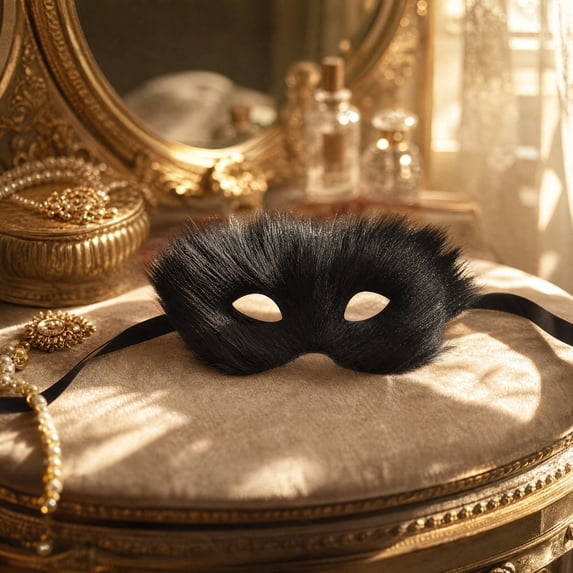 Black Masquerade Mask for Women 9 Inch Soft Fluffy Half Face Design Halloween Mask Accessory for Masquerade Party Mardi Gras and Halloween Events, 1 Pack