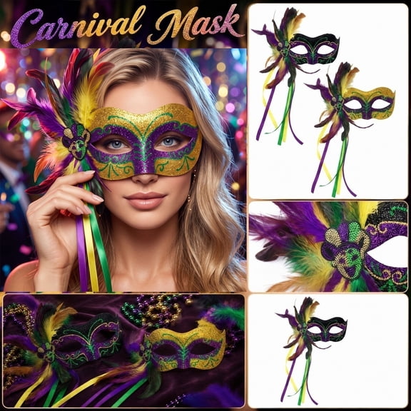 Black Masquerade Mask for Women, Glitter Eye Mask with Feathers and Satin Ribbon, Mask for Masquerade Party Decorations, Mardi Gras Mask with Purple, Yellow, Green Ribbon Accents,