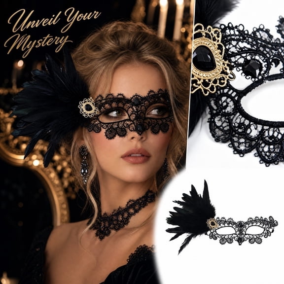 Black Masquerade Mask for Women Lace Masquerade Mask 13 Inch Rhinestone Embellished Gold Accent Halloween Party Accessory for Carnival Prom Events, 1 Pack