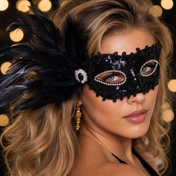 Black Masquerade Mask for Women Lace Venetian Mask with Feather Sequin Detail Elegant Half Face Cover for Masquerade Party Halloween Mardi Gras Themed Events, 1 Pack