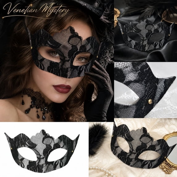 Black Masquerade Mask for Women 8 Inch Venetian Masquerade Masks Lace Design for Masquerade Party Mardi Gras Halloween Accessory, 1 Pack