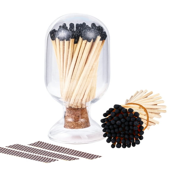 Black Matches Included (100 Pcs), Glass Match Cloche with Striker, Match Holder with Candle Matches, Safety Matches for Candles, 2.55'' /6.5cm Long Fireplace Matches for BBQ Grill