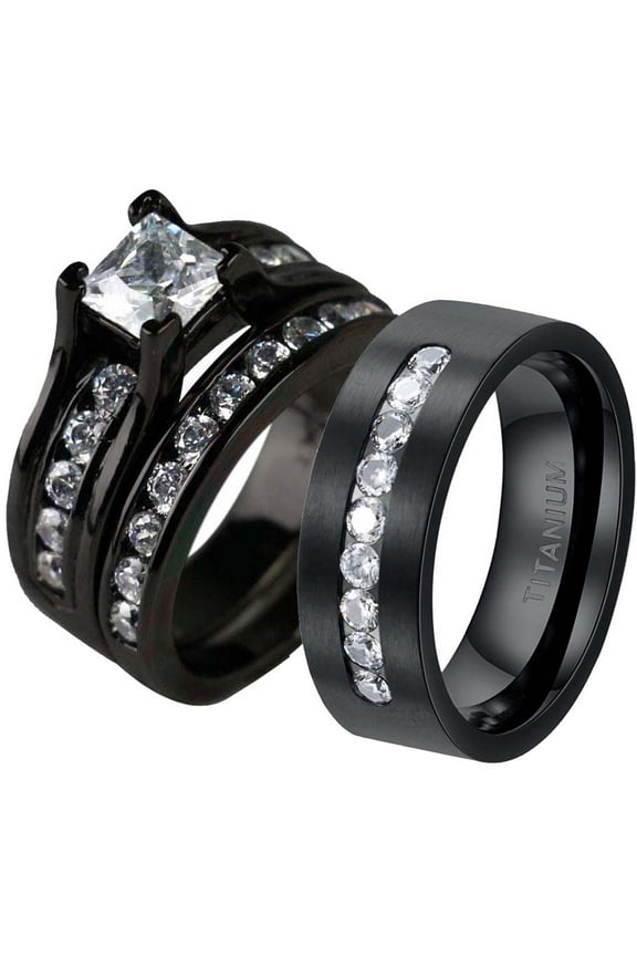 Black Matching Rings His Her Rings Couple Rings 1CT CZ Women Wedding Ring Sets