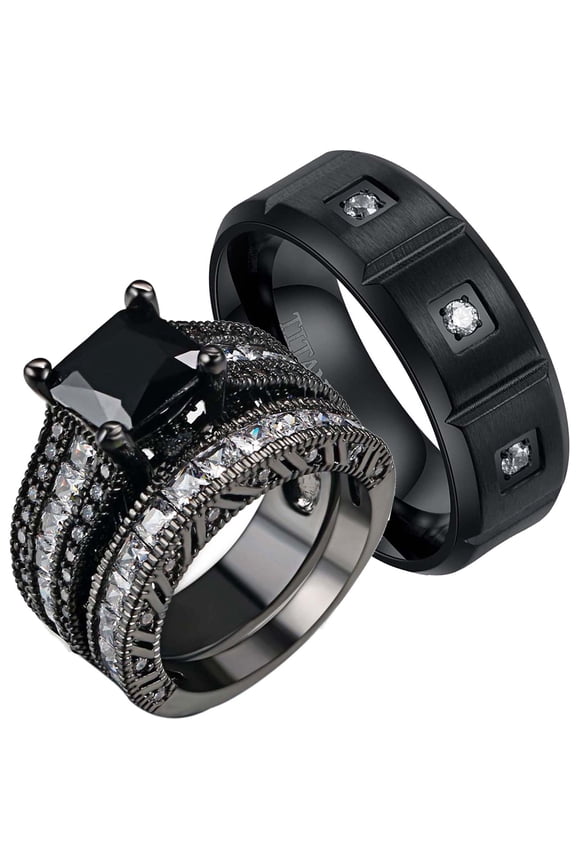 Black Matching Rings His and Her Rings Couple Rings 1.5 ct CZ Wedding Ring Sets