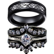 Black Matching Rings His and Her Rings Couple Rings 1ct AAA CZ Wedding Ring Sets Wedding Band