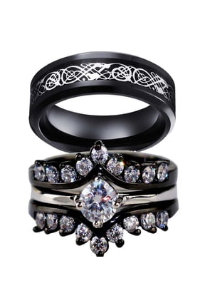 Black Matching Rings His and Her Rings Couple Rings 1ct AAA CZ Wedding Ring Sets Wedding Band