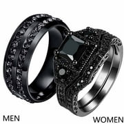 Black Matching Rings His and Her Rings Couple Rings 1ct CZ Wedding Ring Sets Men Wedding Band