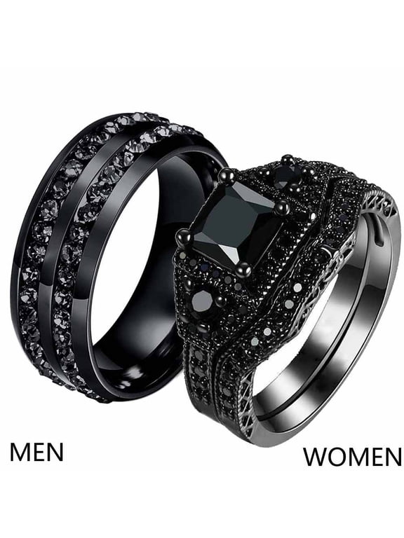Black Matching Rings His and Her Rings Couple Rings 1ct CZ Wedding Ring Sets Men Wedding Band