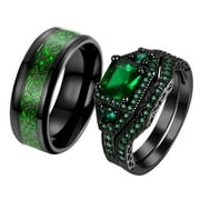 RINGHEART Black Matching Rings His and Her Rings Couple Rings 1ct Green CZ Wedding Ring Sets Men Wedding Band
