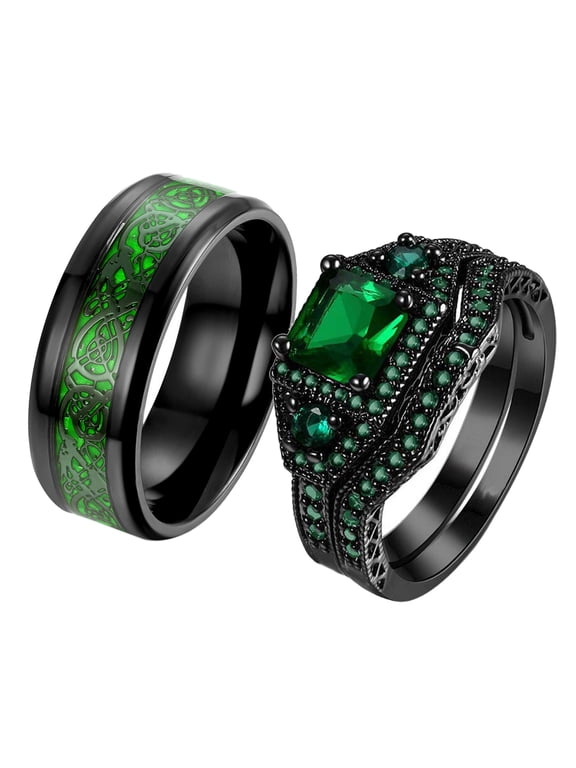 Black Matching Rings His and Her Rings Couple Rings 1ct Green CZ Wedding Ring Sets Men Wedding Band