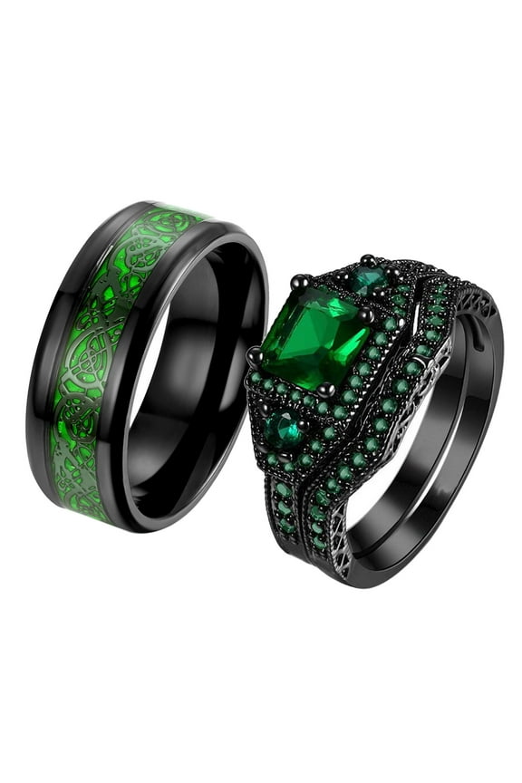 Black Matching Rings His and Her Rings Couple Rings 1ct Green CZ Wedding Ring Sets Men Wedding Band