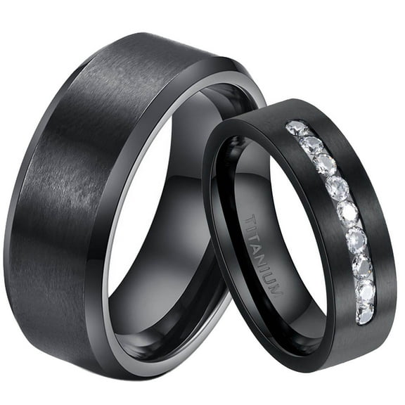 Black Matching Rings Titanium Couple Rings CZ Wedding Ring for Women Men Wedding Band
