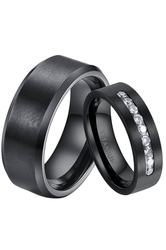 Black Matching Rings Titanium Couple Rings CZ Wedding Ring for Women Men Wedding Band