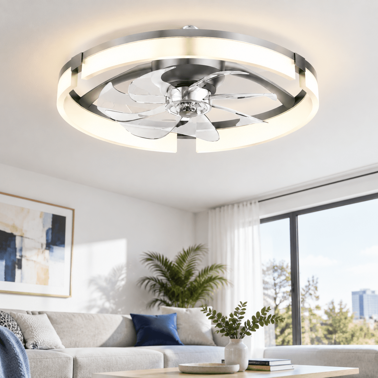 Black Matte 20 INCH Low Profile Flush Mount Ceiling Fan with Dimmable ...