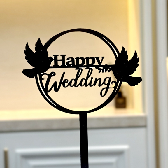 Black Matte Acrylic Happy Wedding Cake Topper, Round Frame Two Peace Doves Cursive Script Cake Pick for Wedding Reception Table Decor, Single Piece