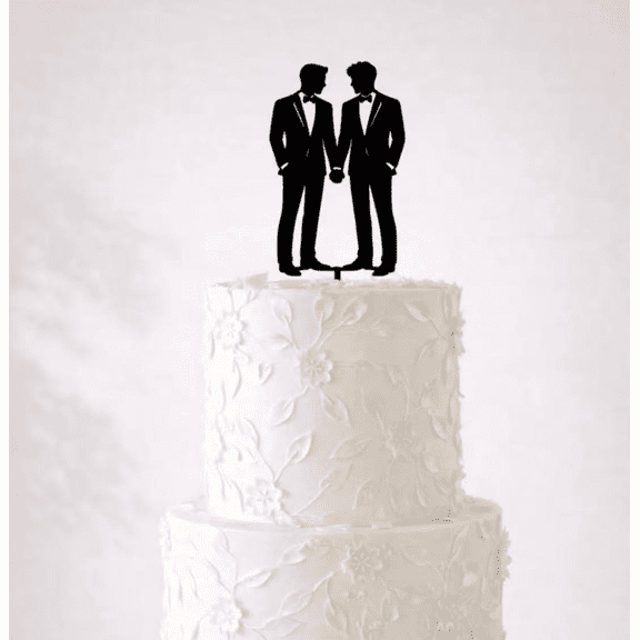 Black Matte Acrylic Two Grooms Holding Hands Cake Topper, Gay Wedding Couple Silhouette Cake Pick for LGBTQ Wedding Reception, Single Piece
