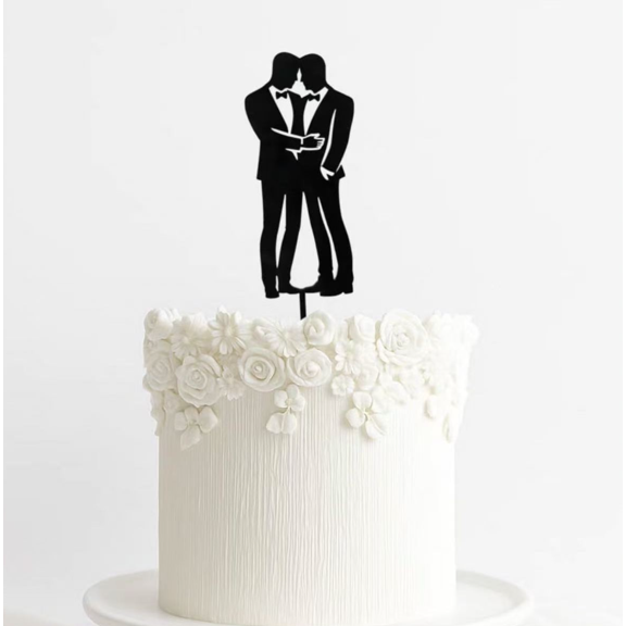 Black Matte Acrylic Two Grooms Hug Silhouette Cake Topper, Gay Wedding Couple Cake Decor for Same Sex Marriage Party, 1 Count
