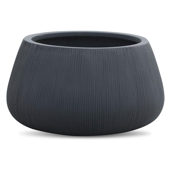 Black Matte Round Planter Home Ofice Decor Vase - Round Fiberstone Horizontal Line Flower Pot 8.5" H x 14.2" Diameter x 10" Opening
