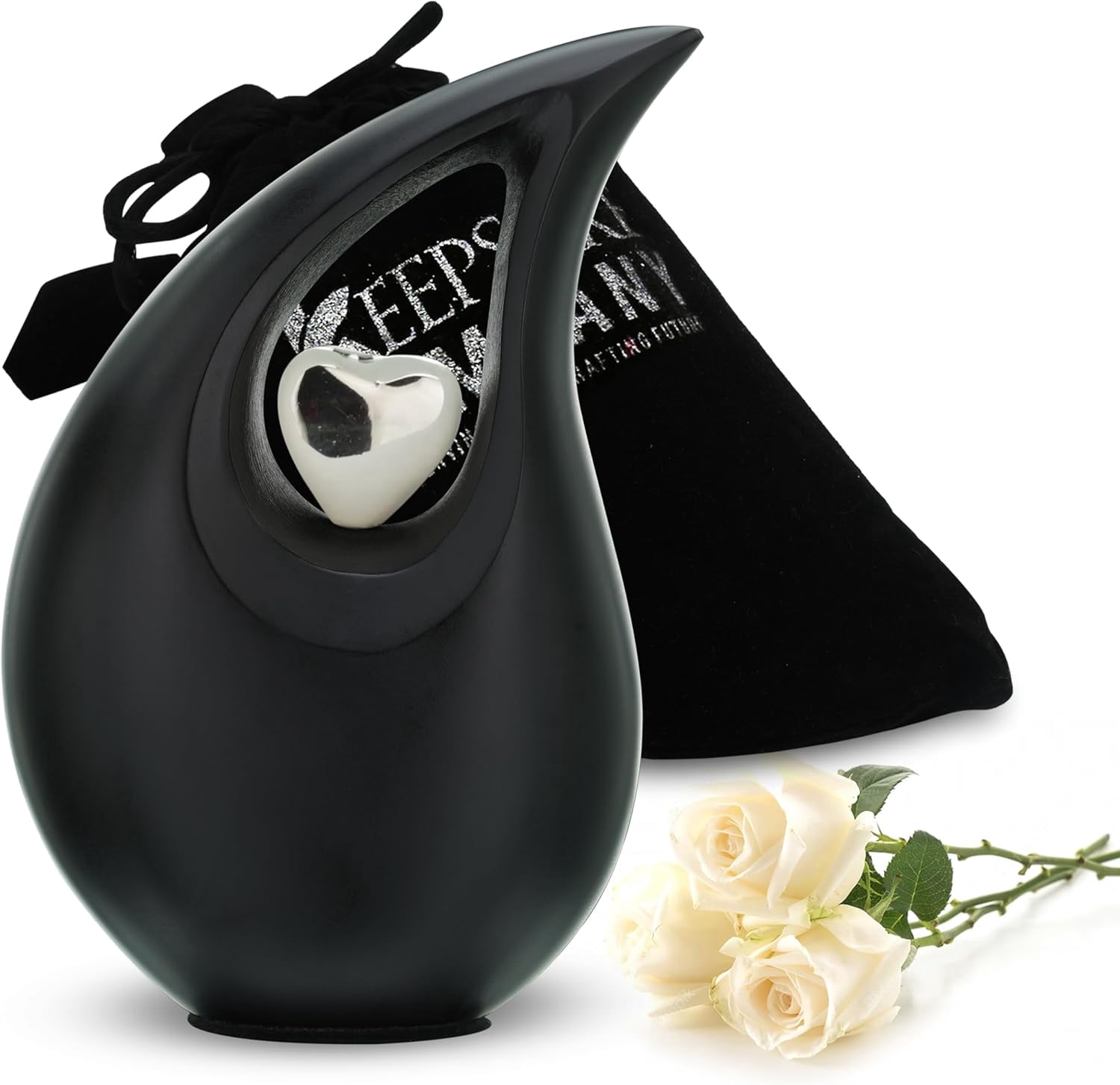 Black Matte Tear Drop Small Urns for Human Ashes with Silver Heart (6 Inch Height) - Unique Medium Urn - Decorative Urns - Cremation Urn - Burial Urns - Keepsake Urn - Funeral Urn - Small Pet Urns