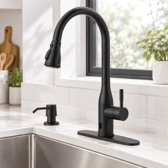 Black Matte Touchless Kitchen Faucet With Sensor, Soap Dispenser, And 3 Spray Modes