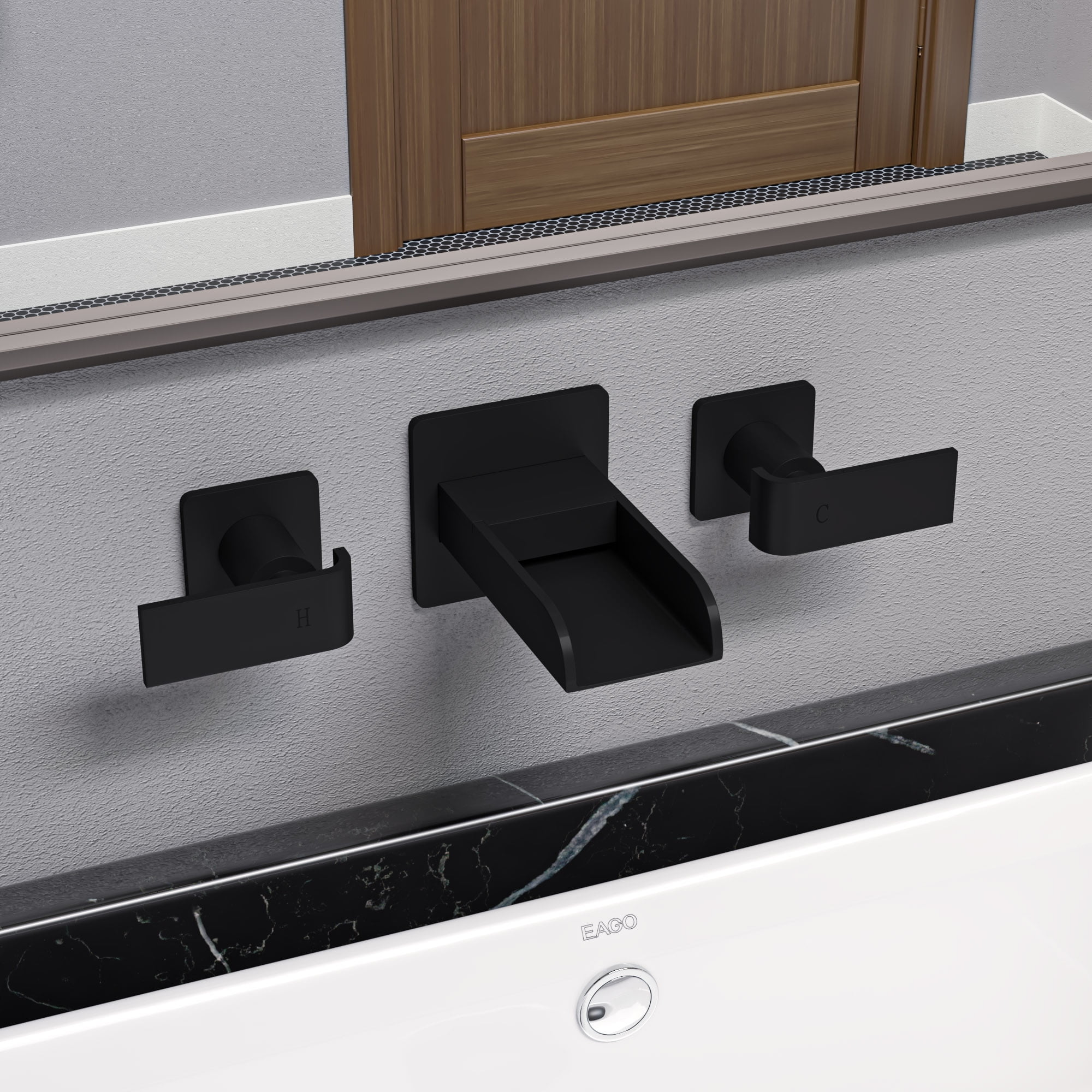 Black Matte Widespread Wall Mounted Modern Waterfall Bathroom Faucet ...