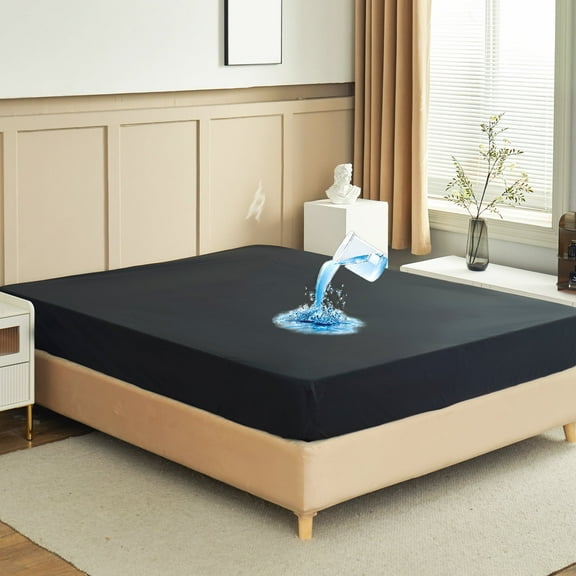 Black Mattress Protector Waterproof Bed Cover Queen Size Mattress Pad Cover 12'' Deep Pocket Fitted Sheet