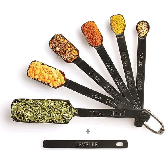 Black Measuring Spoons Set of 7 Includes Bonus Leveler, Premium, Rust Proof, Heavy Duty, Black Plated, Stainless Steel Metal, Narrow, Long Handle Design fits into Spice Jars