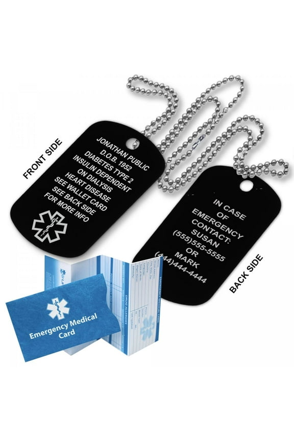 Black Medical Alert ID Dog Tag Anodized Aluminum w. 27" Chain. Incl. 18 Lines of Engraving and Emergency Medical Information Card. Complimentary Access PHR (Personal Health Record)