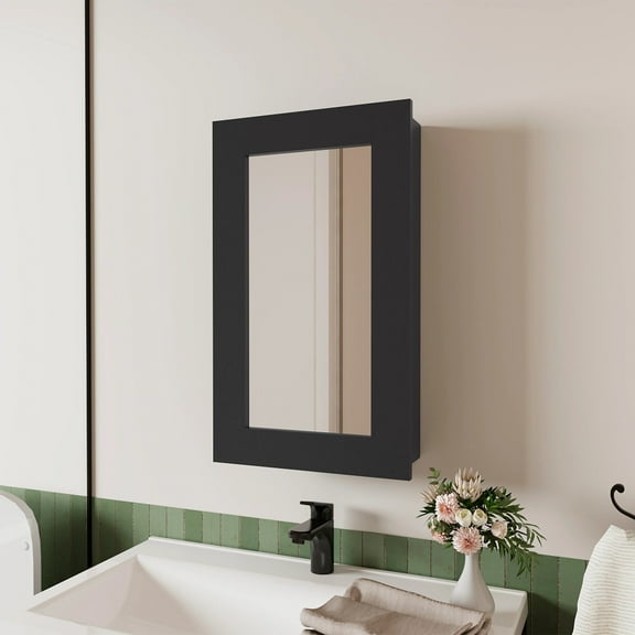 Black Medicine Cabinet with Included Mirror,Black Particle Board Bath Faucets Bathroom Storage