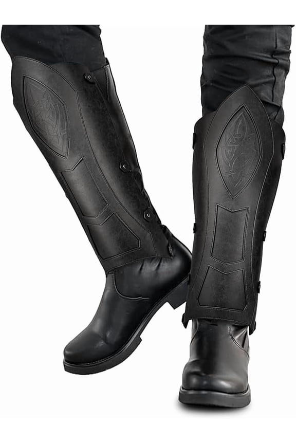 Black Medieval Faux Leather Leg Gaiters, Vintage Middle Ages Knight Leg Armor, Mercenary Leg Guards for LARP